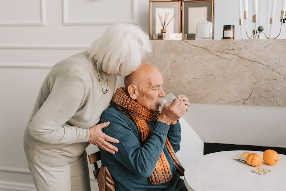 Loving elderly Aussie couple, AI in aged care concept. Cozy home moment.